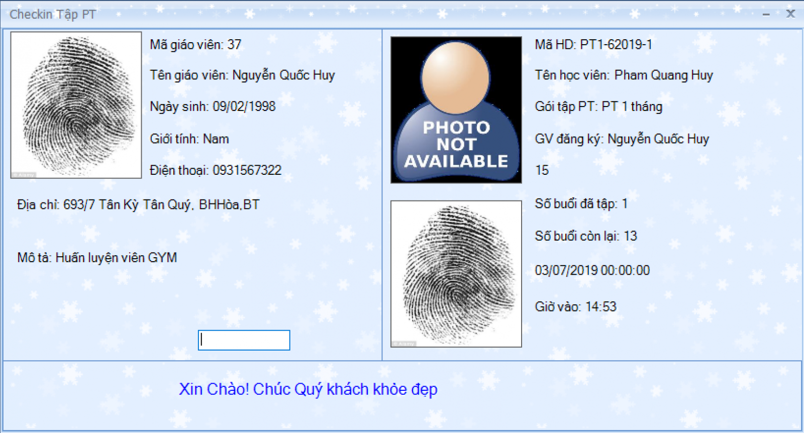 Phần mềm gym, checkin vân tay PT cùng lúc