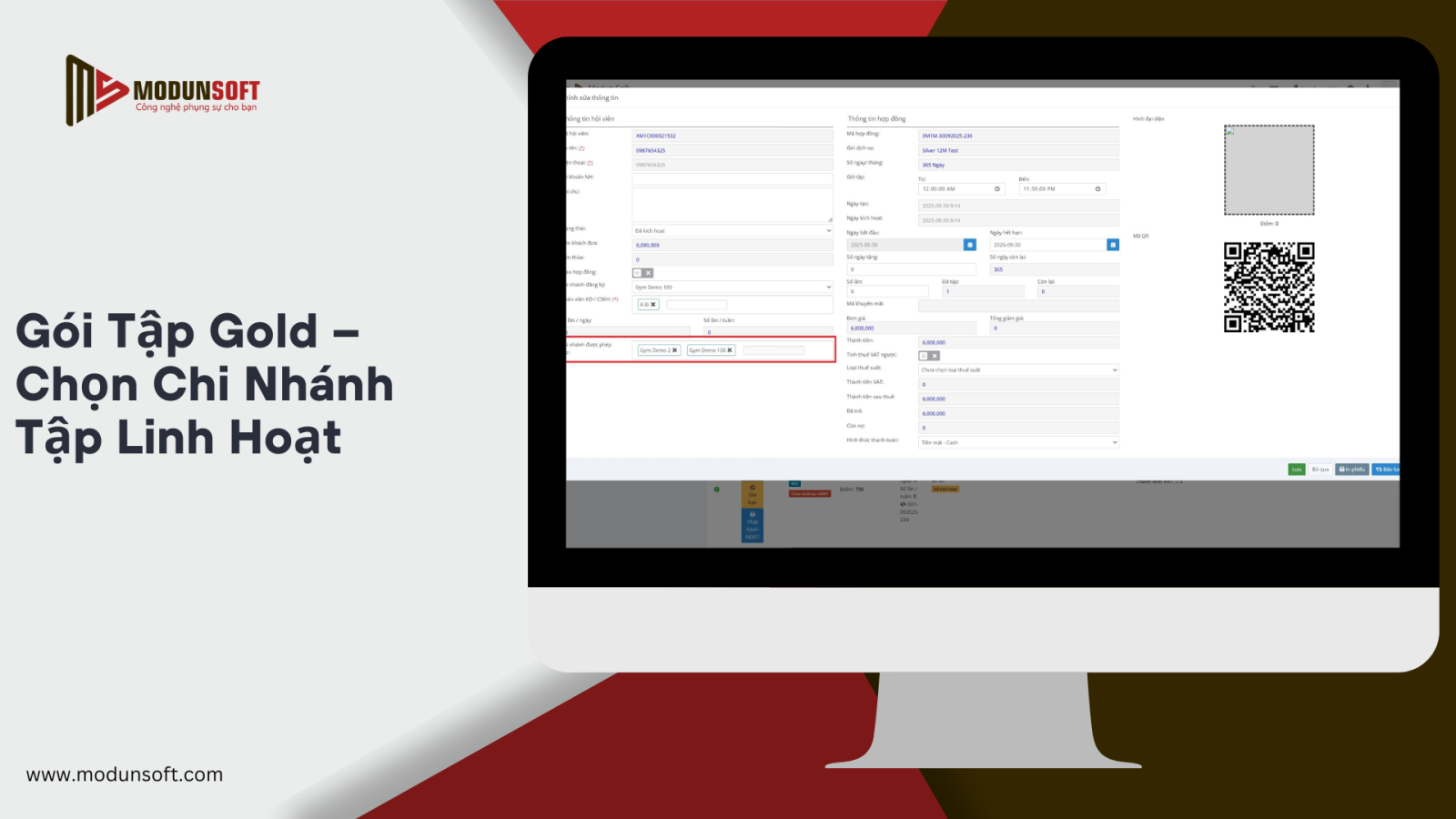 Phần mềm quản lý gym Modun ra mắt tính năng mới “Gói tập Gold”, cho phép hội viên chọn chi nhánh được phép tập. Nâng cao trải nghiệm khách hàng và hỗ trợ phòng gym quản lý dễ dàng hơn.