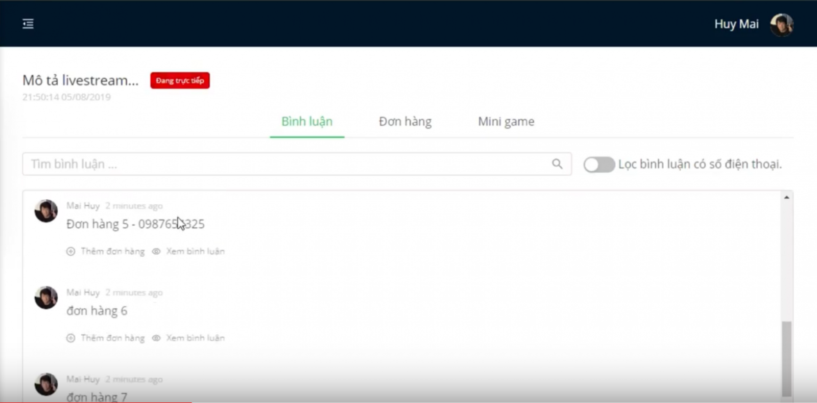 Phần mềm chốt đơn Livestream tự động