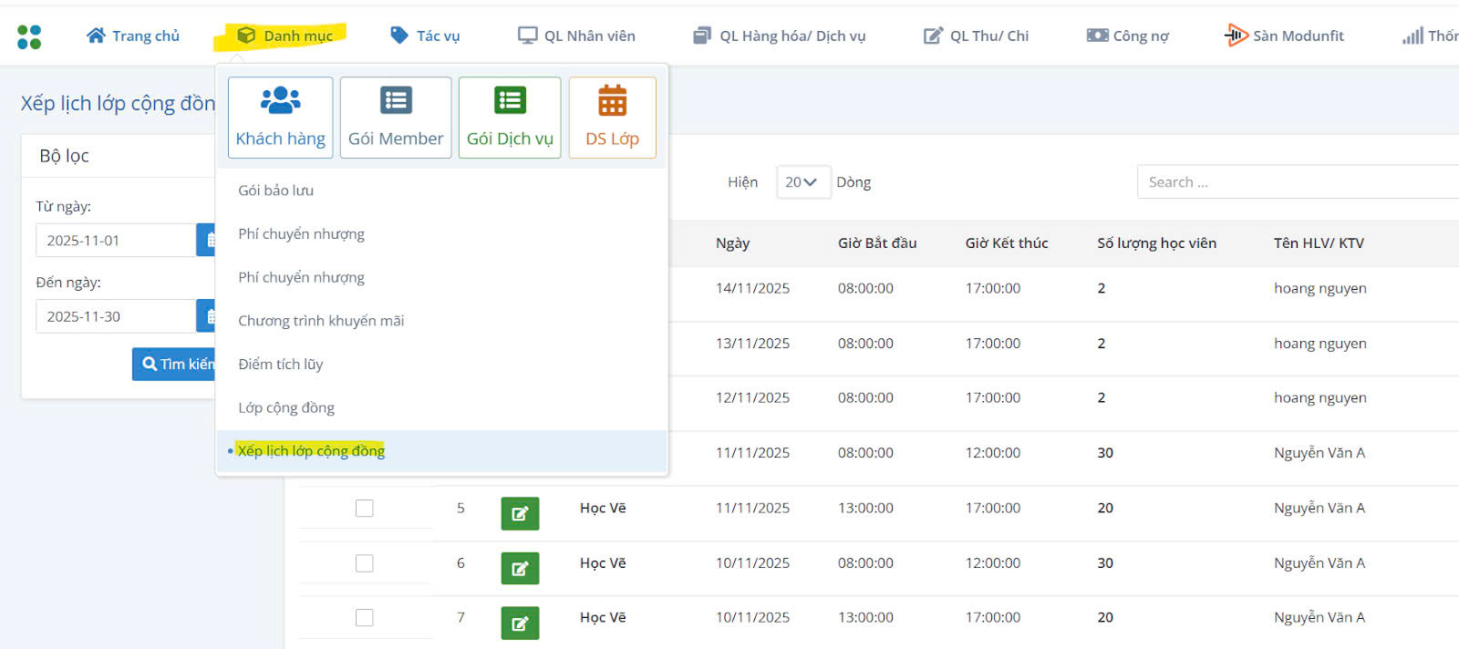 TÍNH NĂNG ĐẶT LỊCH LỚP CỘNG ĐỒNG TRONG PHẦN MỀM QUẢN LÝ GYM MODUN