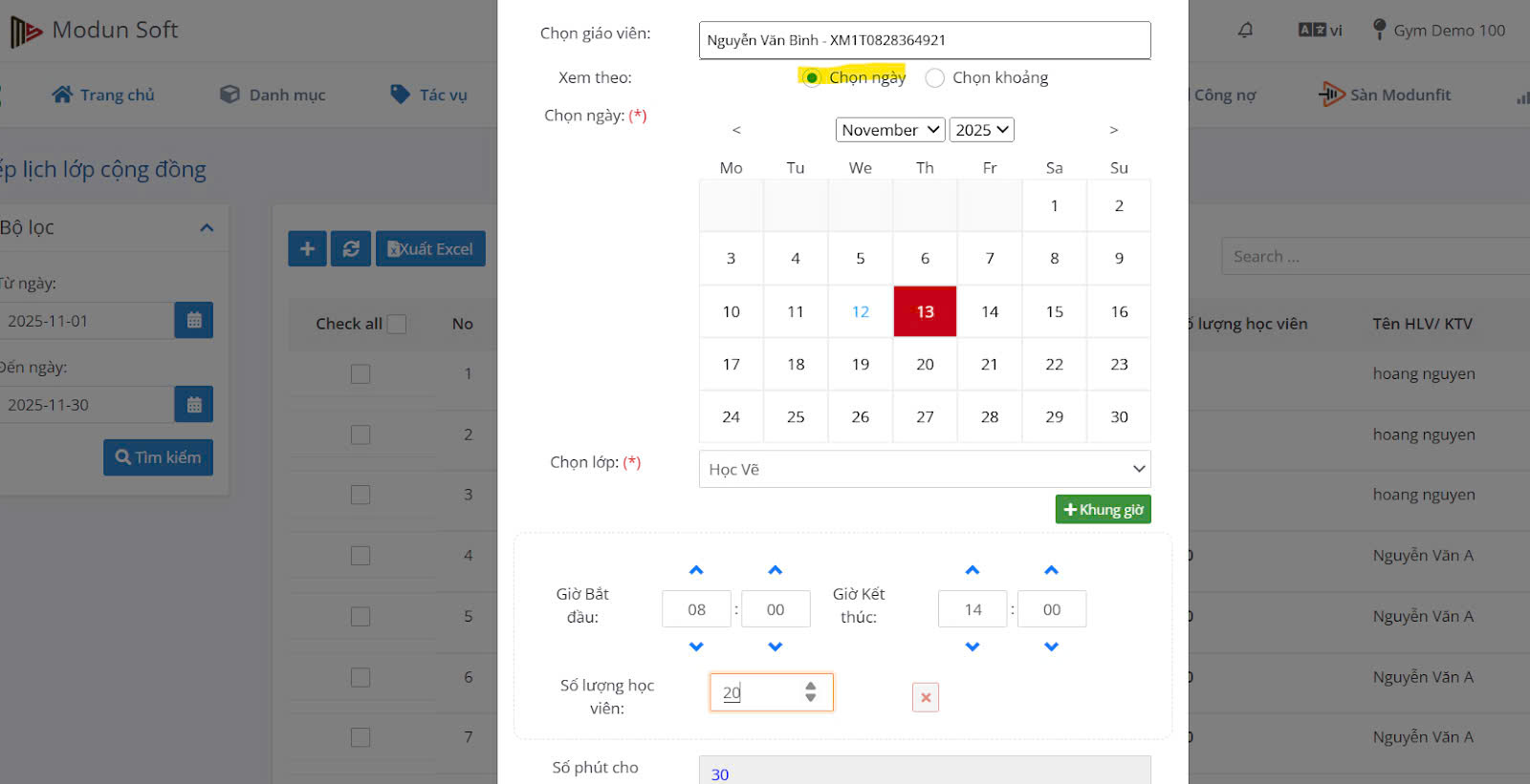 TÍNH NĂNG ĐẶT LỊCH LỚP CỘNG ĐỒNG TRONG PHẦN MỀM QUẢN LÝ GYM MODUN