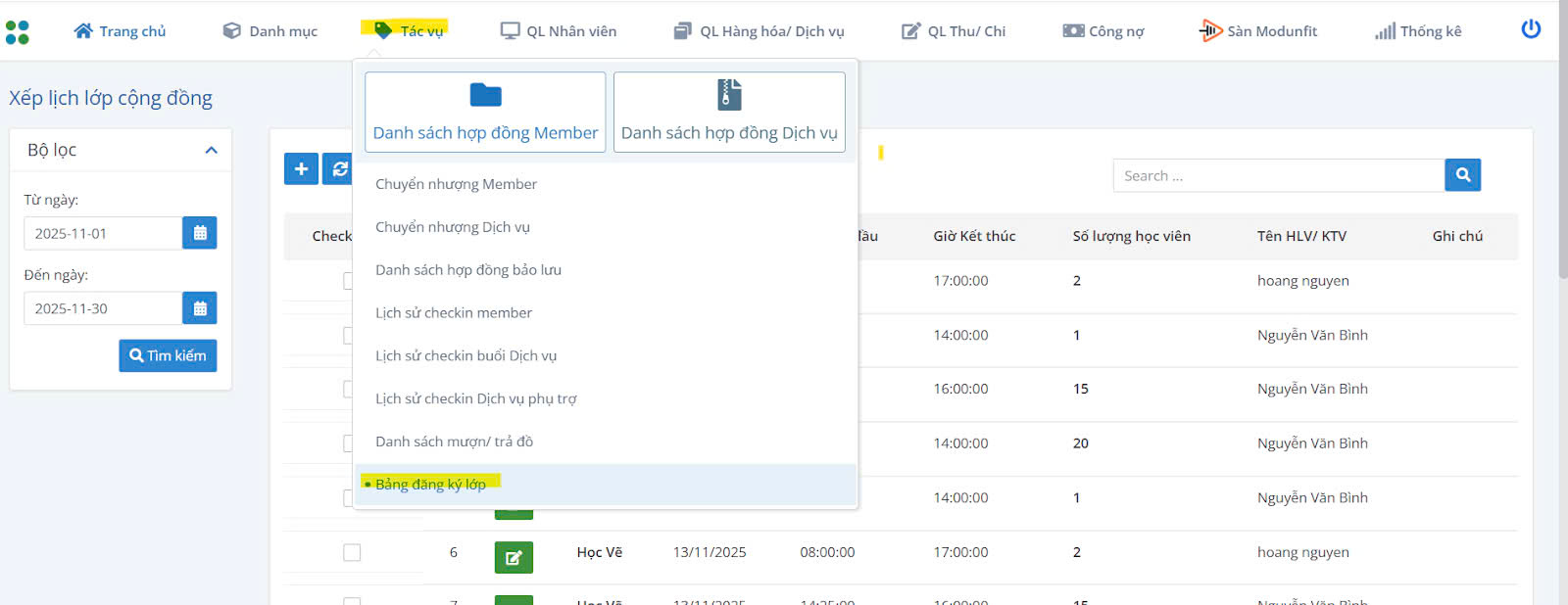 TÍNH NĂNG ĐẶT LỊCH LỚP CỘNG ĐỒNG TRONG PHẦN MỀM QUẢN LÝ GYM MODUN