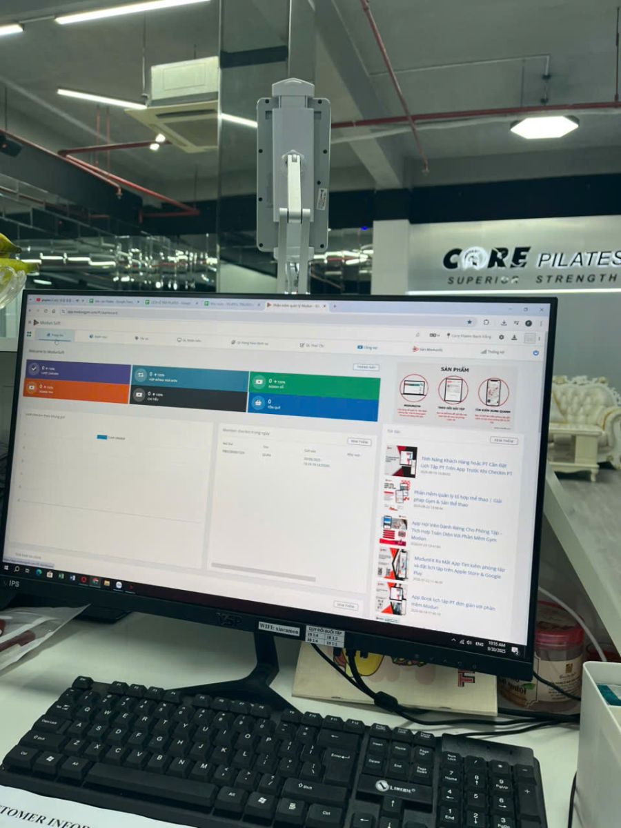 Modun triển khai phần mềm quản lý gym ModunGym, Máy chấm công checkin Face Id, và app hội viên, cho chi nhánh 4 Core Pilates tại Bình Thạnh, TP.Hồ Chí Minh.