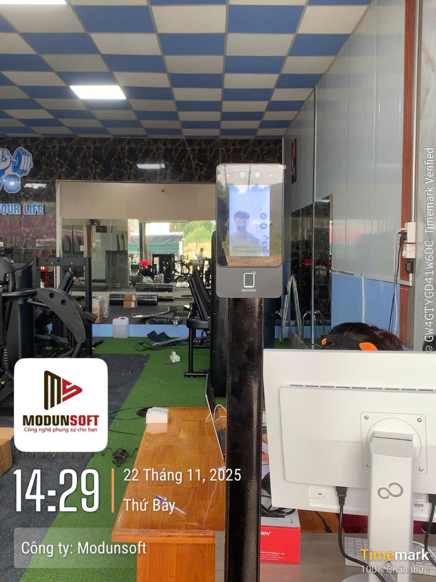 Modun triển khai phần mềm quản lý gym Modun, Máy checkin Face Id, cửa khóa từ kiểm soát ra vào và app hội viên, cho phòng tập Tio Gym & Fitness tại Bến Cát