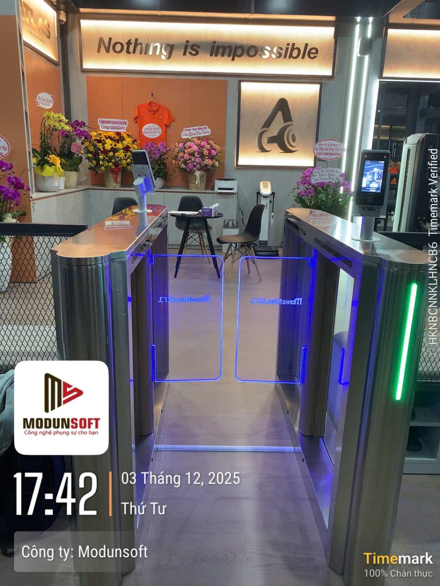 Modun triển khai phần mềm quản lý gym Modun, Máy chấm công Face Id, cổng flap kiểm soát ra vào và app hội viên, cho phòng tập Atlas Fitness tại Biên Hòa, Đồng Nai.