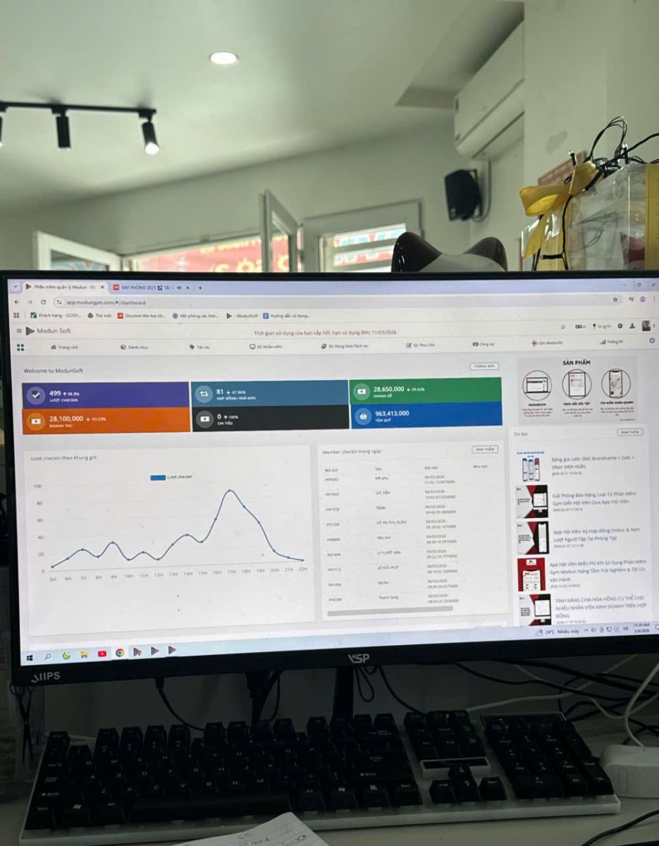 GO GYM 1 phòng tập Long Xuyên, triển khai phần mềm quản lý gym Modun kết hợp máy chấm công Face ID, cửa khóa lực từ kiểm soát ra vào và app hội viên
